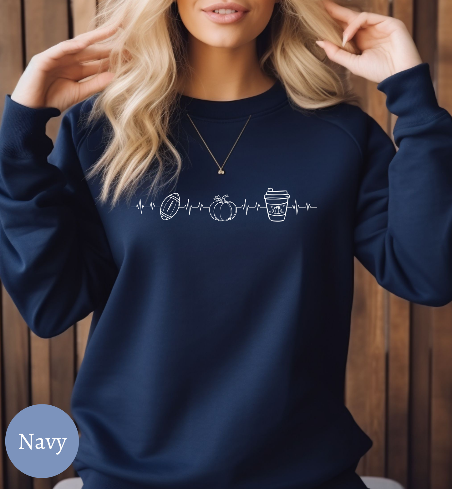 Fall Favorites Football Season Sweatshirt with Heartbeat Design and Pumpkin Print Perfect for Autumn Season and Coffee Lovers