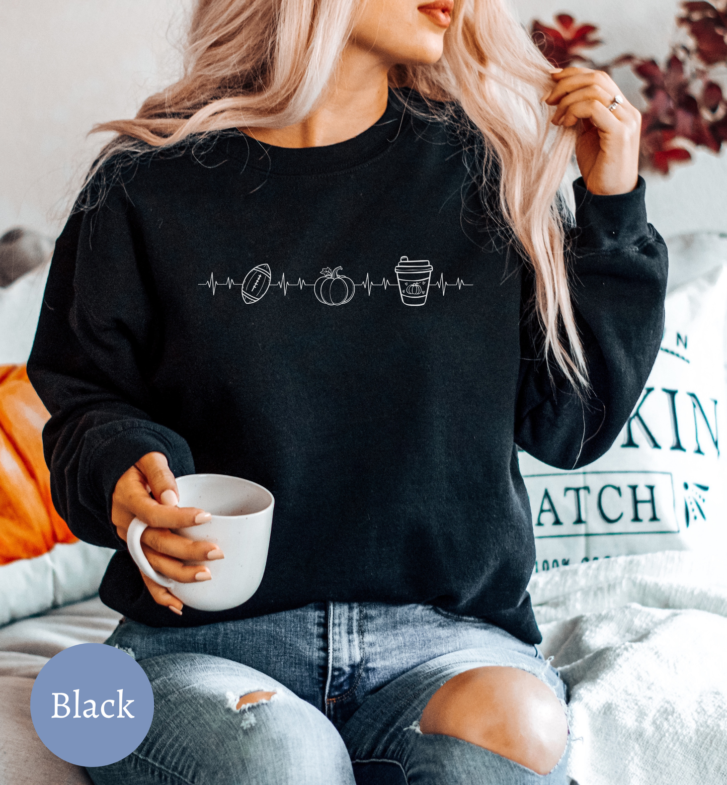 Fall Favorites Football Season Sweatshirt with Heartbeat Design and Pumpkin Print Perfect for Autumn Season and Coffee Lovers