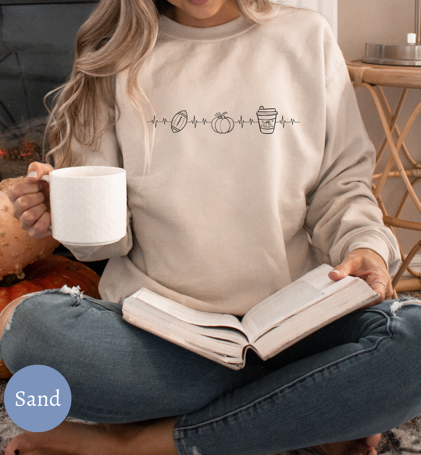 Fall Favorites Football Season Sweatshirt with Heartbeat Design and Pumpkin Print Perfect for Autumn Season and Coffee Lovers