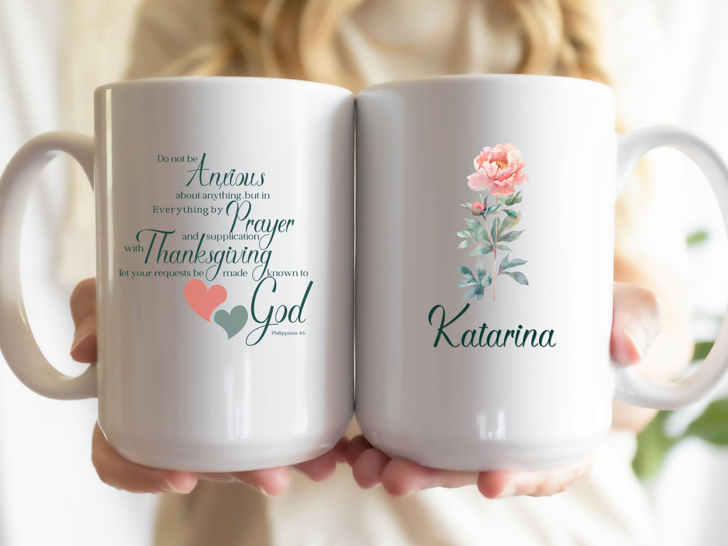 Personalized floral mug with name and bible verse, Christian gift for her.