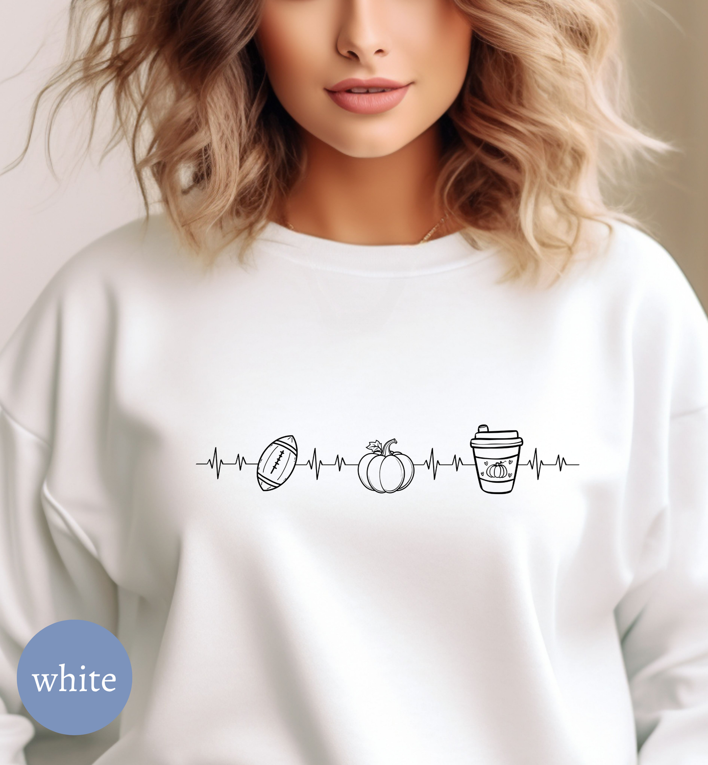 Fall Favorites Football Season Sweatshirt with Heartbeat Design and Pumpkin Print Perfect for Autumn Season and Coffee Lovers