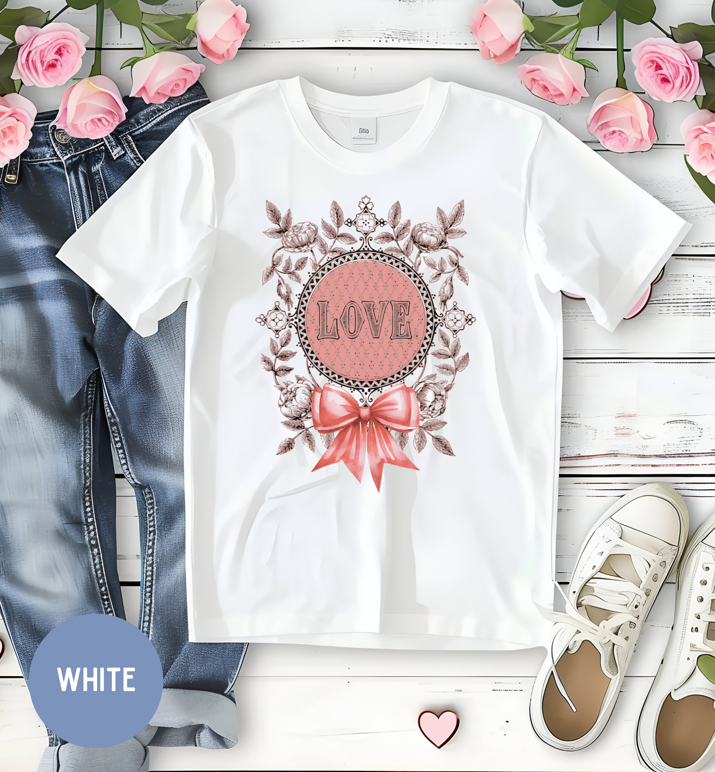 Vintage Floral shirt for women, romantic love bow shirt.