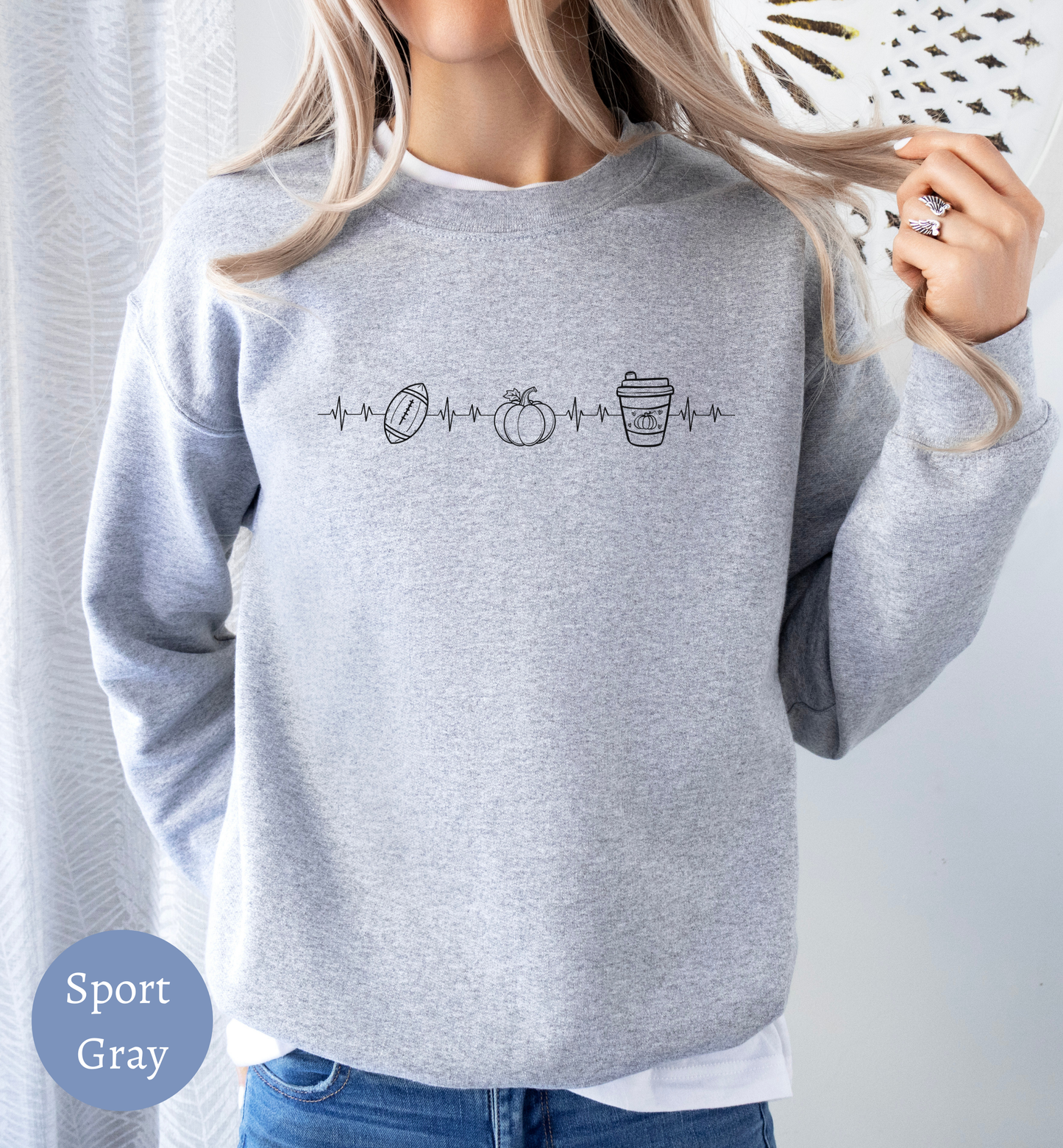 Fall Favorites Football Season Sweatshirt with Heartbeat Design and Pumpkin Print Perfect for Autumn Season and Coffee Lovers