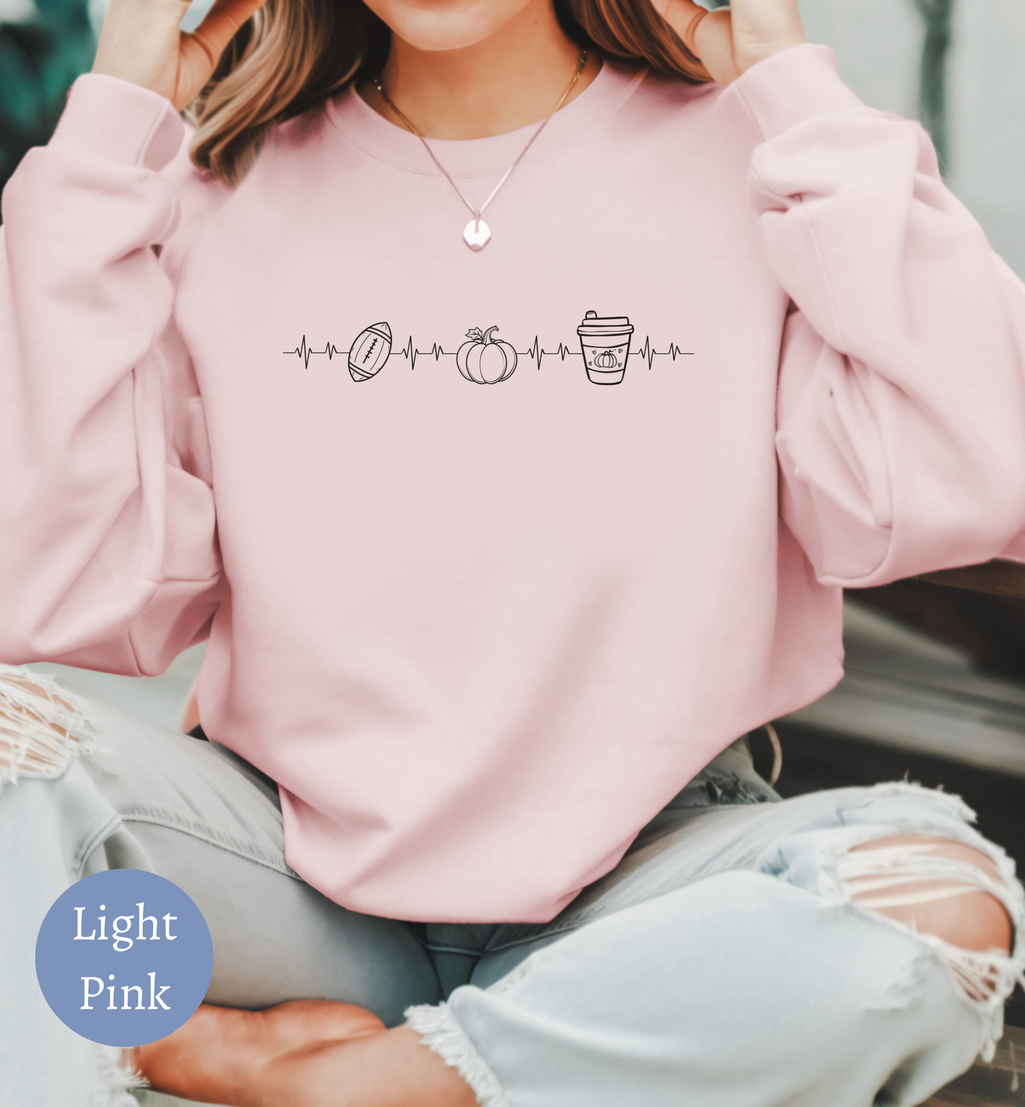 Fall Favorites Football Season Sweatshirt with Heartbeat Design and Pumpkin Print Perfect for Autumn Season and Coffee Lovers
