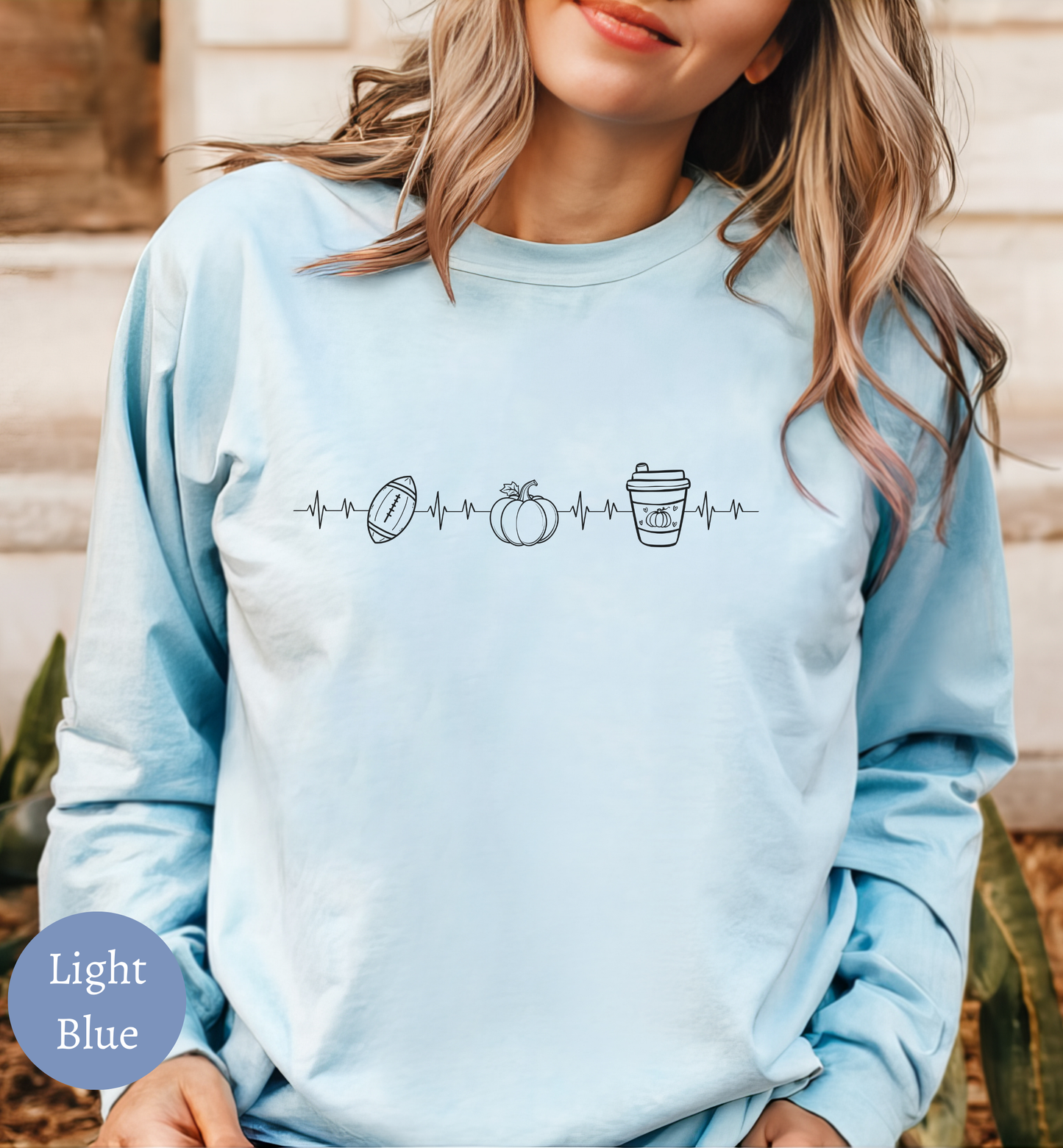 Fall Favorites Football Season Sweatshirt with Heartbeat Design and Pumpkin Print Perfect for Autumn Season and Coffee Lovers