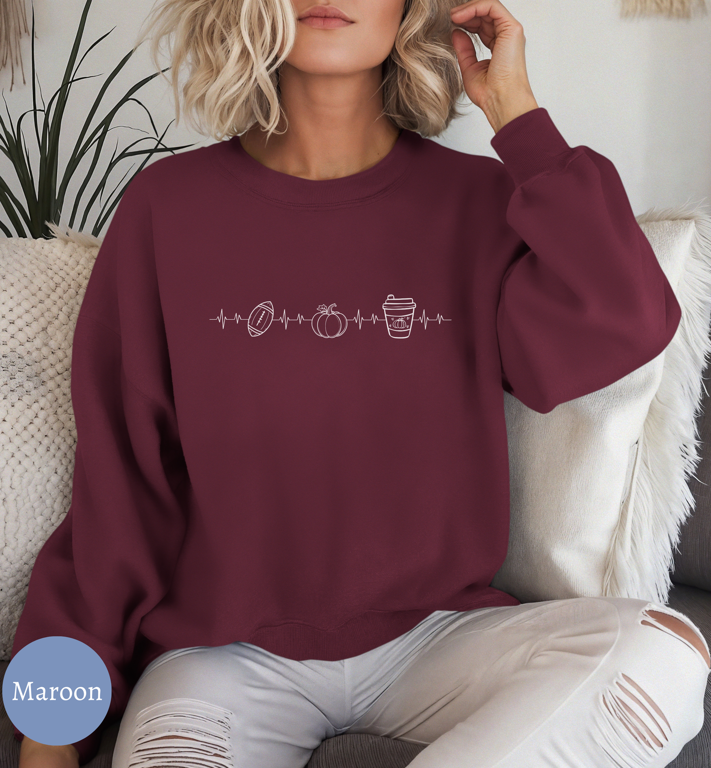 Fall Favorites Football Season Sweatshirt with Heartbeat Design and Pumpkin Print Perfect for Autumn Season and Coffee Lovers