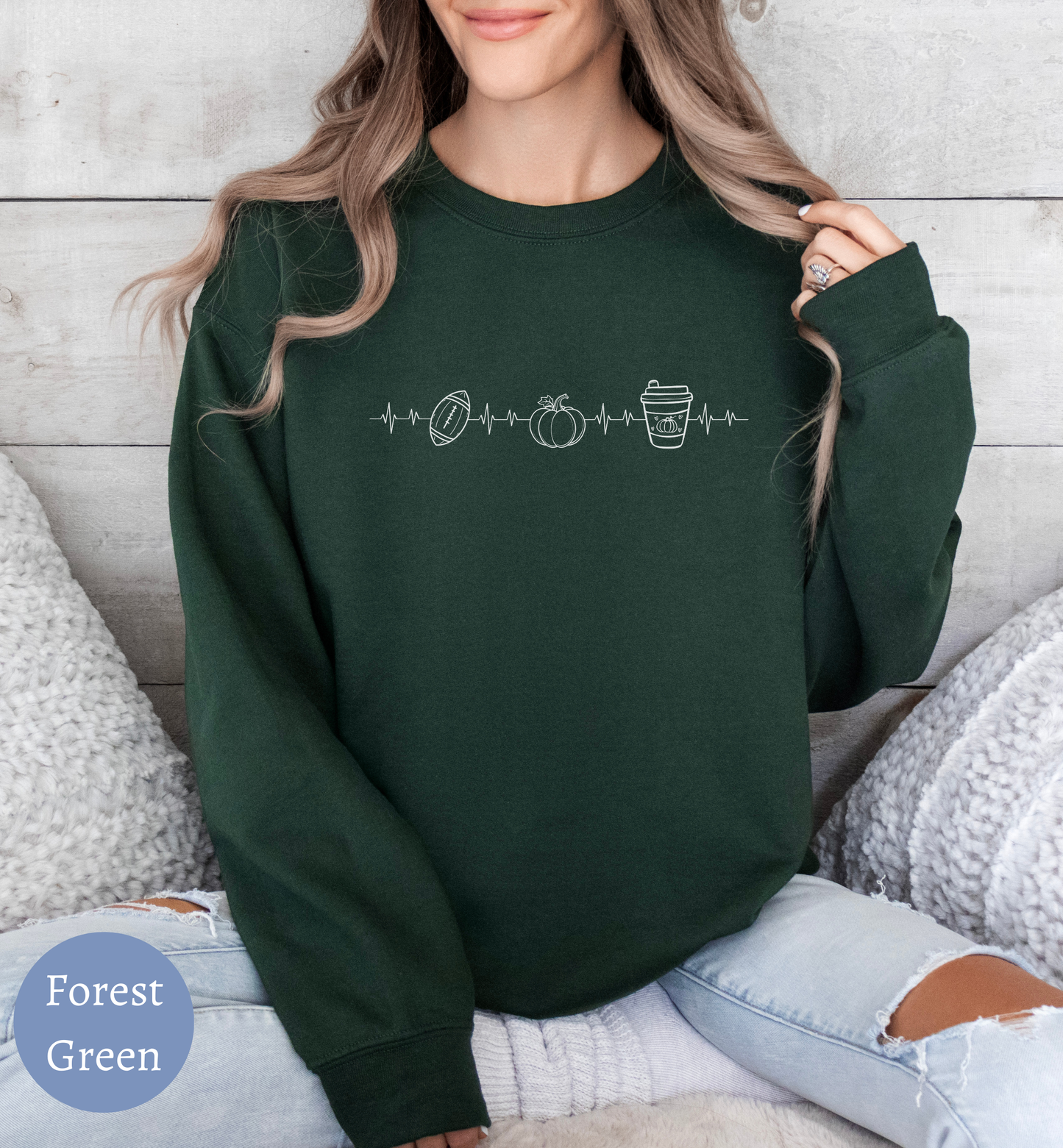 Fall Favorites Football Season Sweatshirt with Heartbeat Design and Pumpkin Print Perfect for Autumn Season and Coffee Lovers