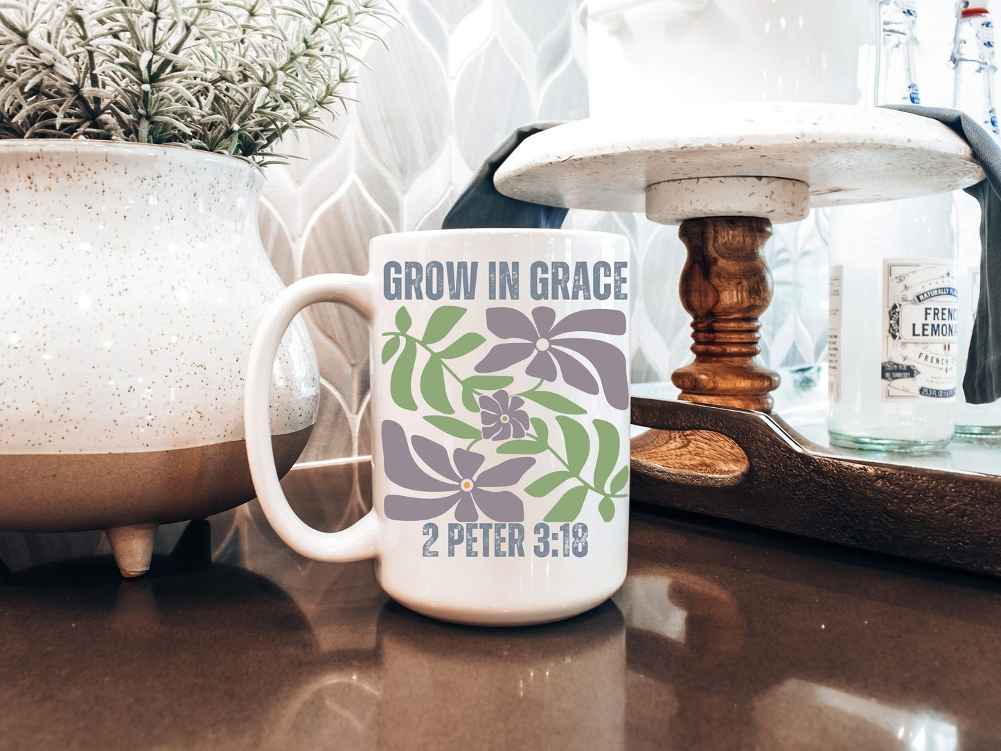 Grow in Grace 2 Peter Christian Coffee Mug with Floral Design for Women