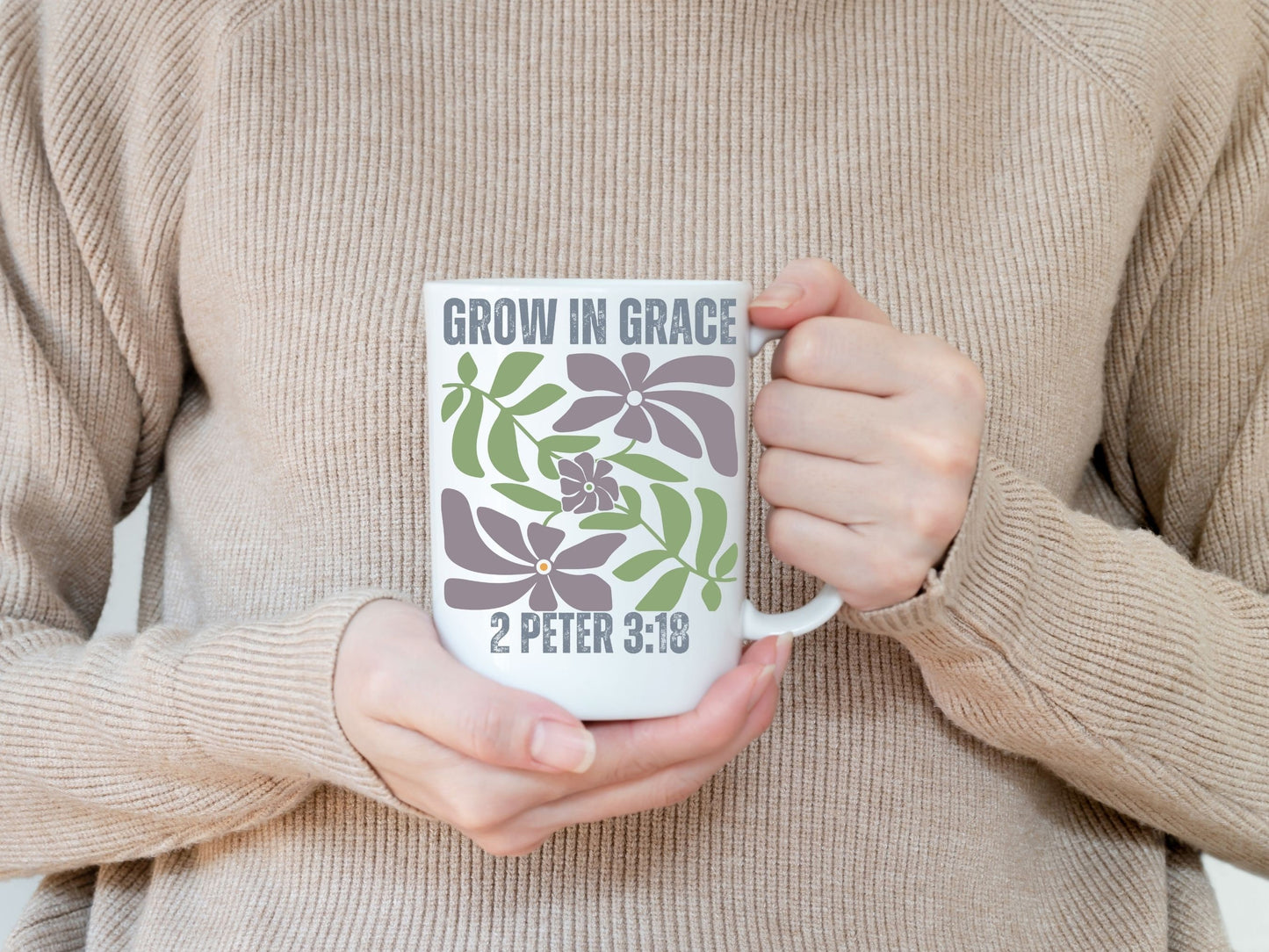 Grow in Grace 2 Peter Christian Coffee Mug with Floral Design for Women