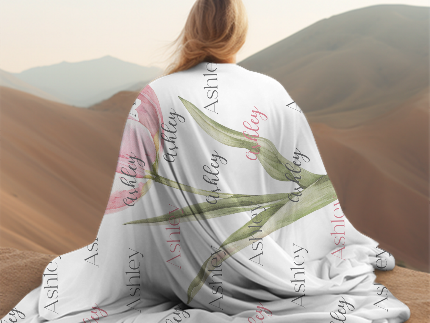 Personalized Name - Cozy Sherpa Blanket  With Pink Tulip- Great gift for Women.