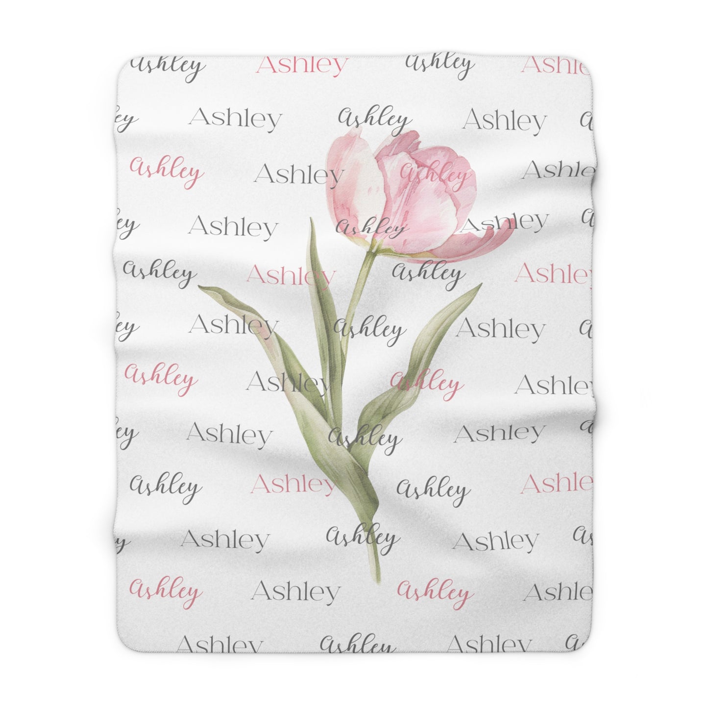 Personalized Name - Cozy Sherpa Blanket  With Pink Tulip- Great gift for Women.