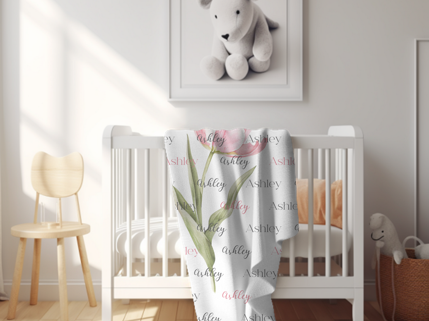 Personalized Name - Cozy Sherpa Blanket  With Pink Tulip- Great gift for Women.