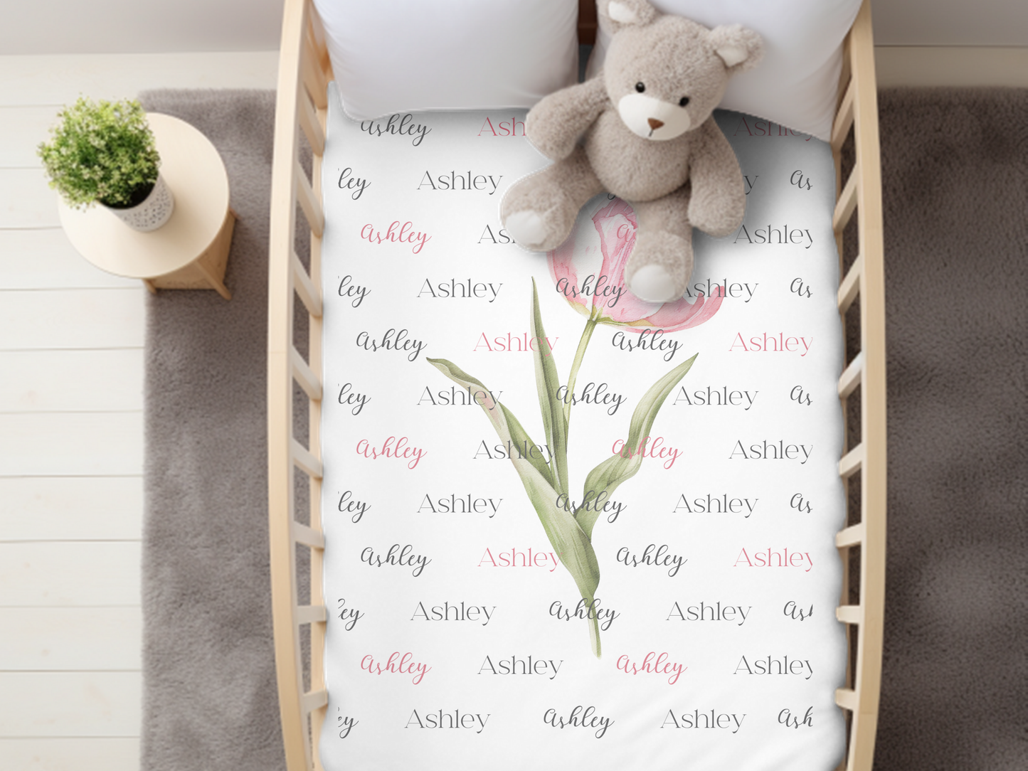 Personalized Name - Cozy Sherpa Blanket  With Pink Tulip- Great gift for Women.