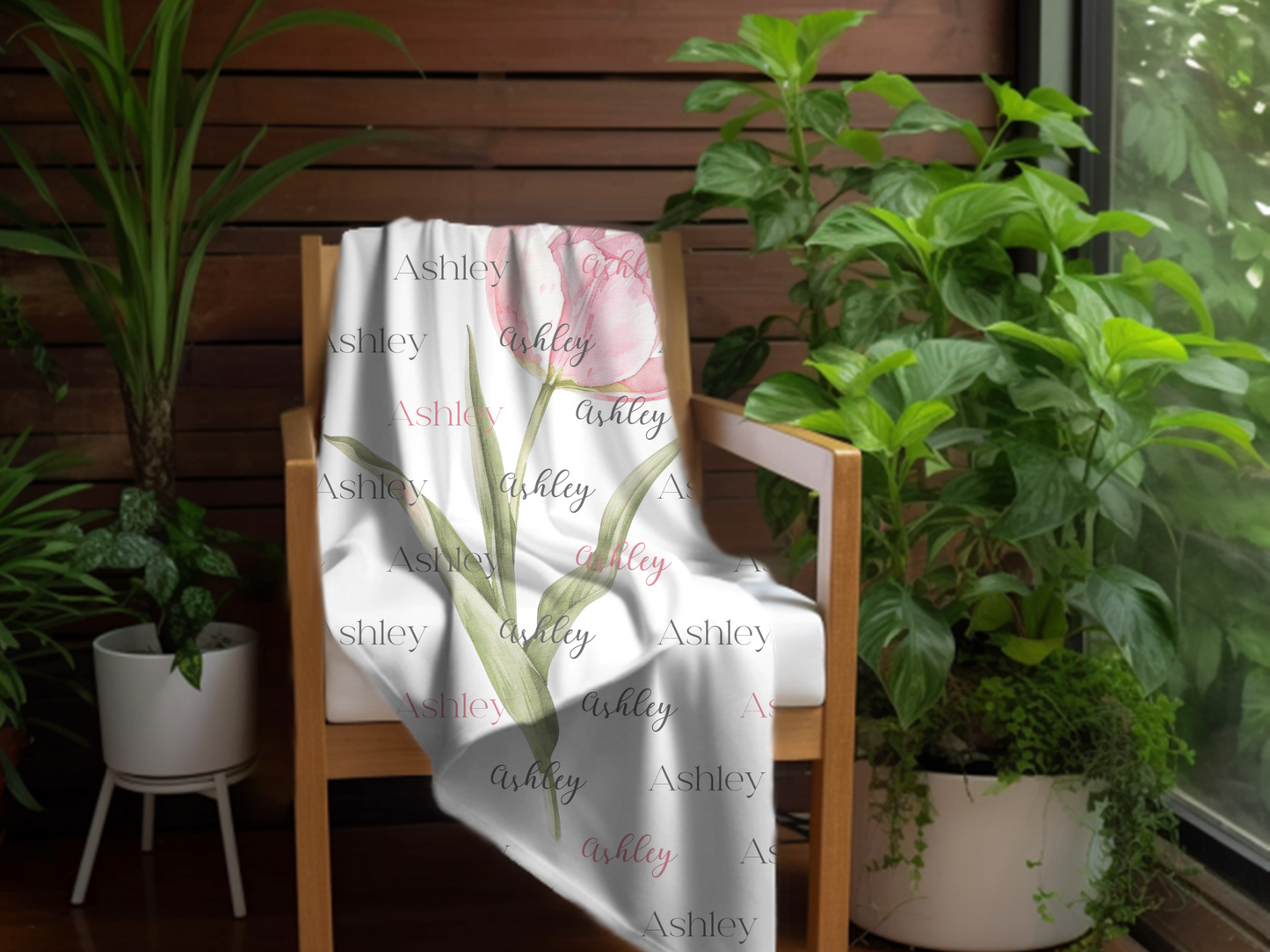 Personalized Name - Cozy Sherpa Blanket  With Pink Tulip- Great gift for Women.