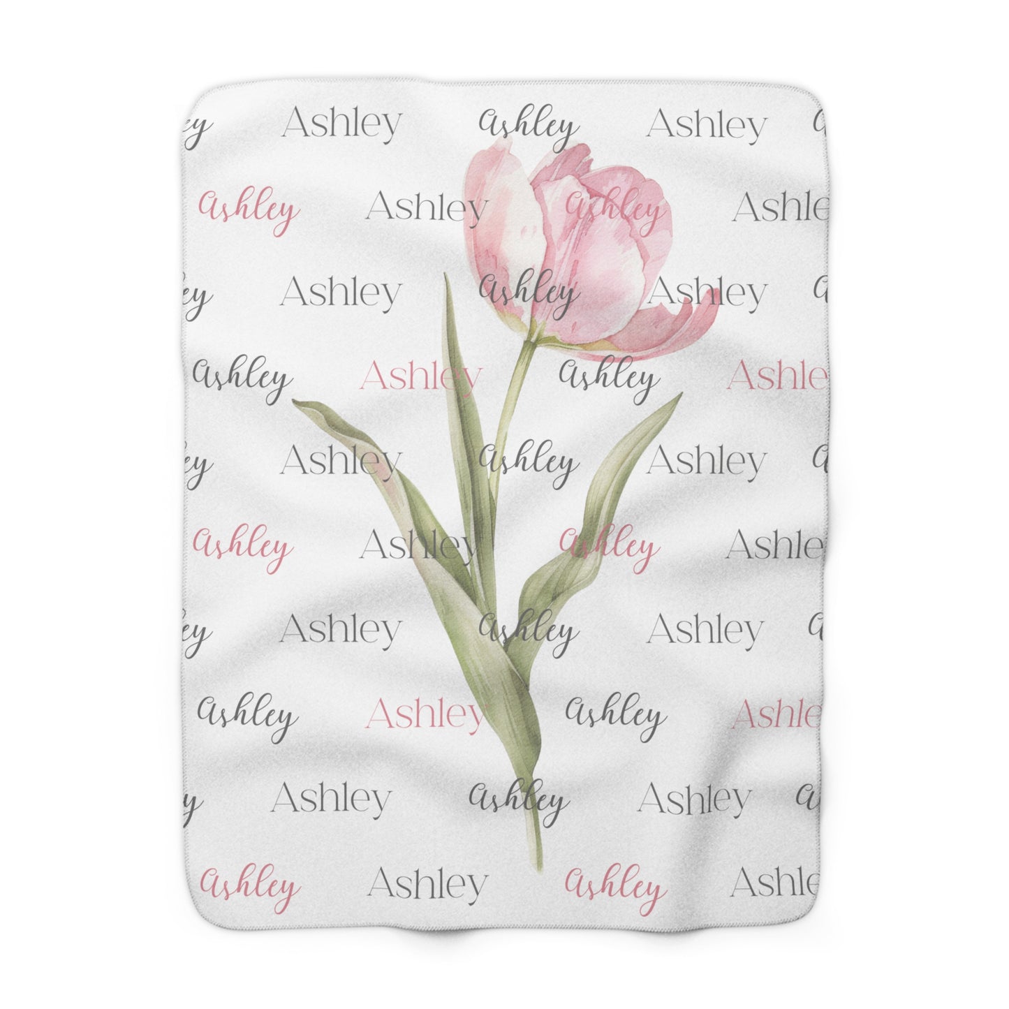 Personalized Name - Cozy Sherpa Blanket  With Pink Tulip- Great gift for Women.