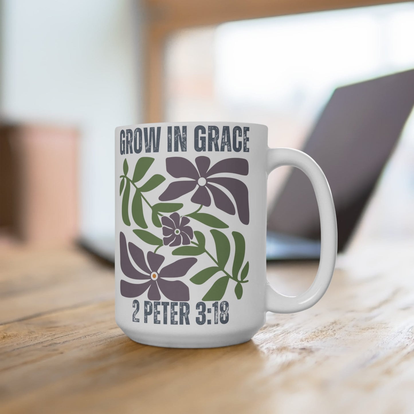 Grow in Grace 2 Peter Christian Coffee Mug with Floral Design for Women