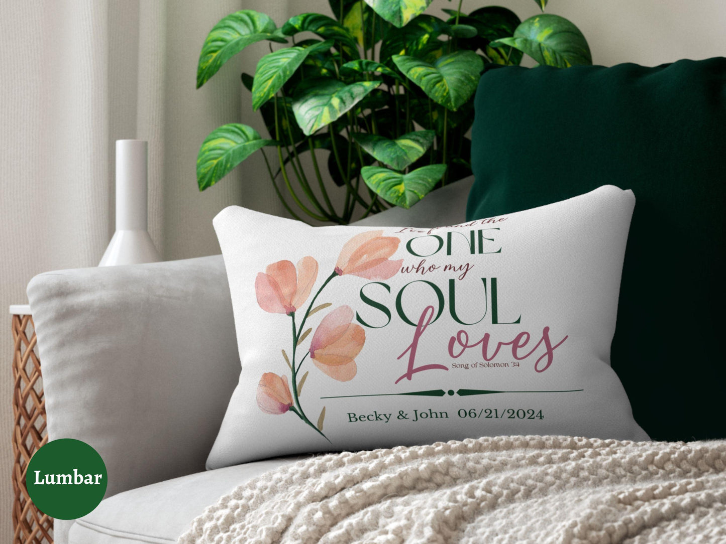 Personalized Wedding Day Pillow - with bible verse "I found the one who my soul loves" Song of Solomon.