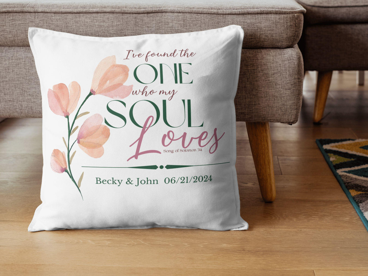 Personalized Wedding Day Pillow - with bible verse "I found the one who my soul loves" Song of Solomon.